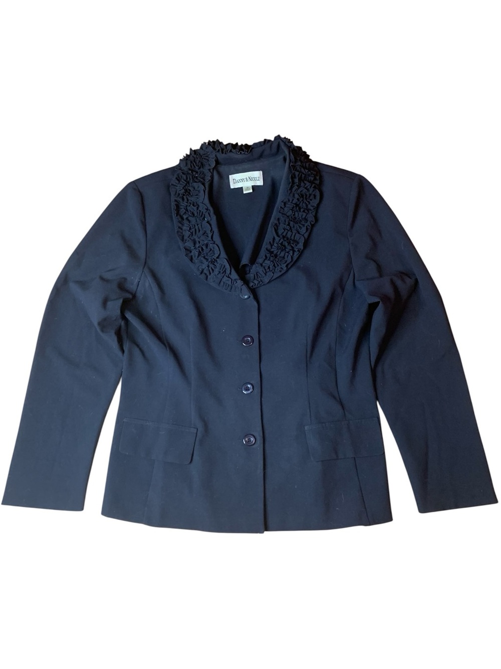 Danny & Nicole Black Blazer with Ruffle Collar | Size 14